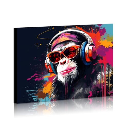 Monkey With Headphones Framed Wall Art Monkey Pop Art Cool Ape Abstract Canvas Prints for Home Decor Kids Room Wall Decor Animal Canvas Art Framed Ready to Hang