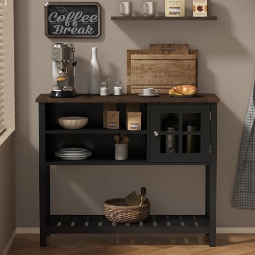 Image of ChooChoo Farmhouse Coffee Bar Cabinet, Buffet Cabinet with Storage, Sideboard Buffet with Glass Door, Console Table for Kitchen, Hallway, Entrance, Black
