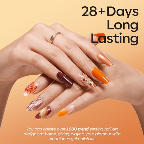 Image of modelones 24PCS Gel Nail Polish Set, Fall Winter Cat Eye Shimmer Gel Polish Kit Soak Off with Glitter, Glossy and Matte Top Base Coat DIY Manicure at Home