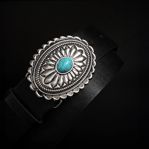 Image of XZQTIVE Women Western Leather Belt Vintage Country Belts For Cowgirl Jeans Dresses Ladies Concho Belt With Turquoise Buckle