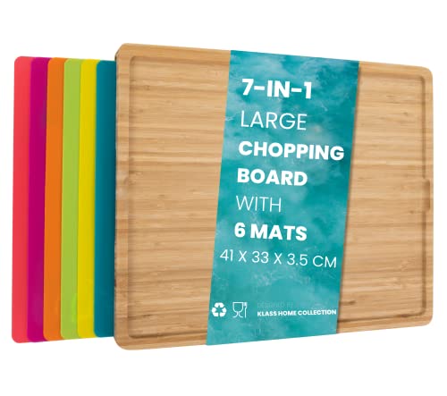 Klass Home Collection 7 in 1 Large Wooden Chopping Board Set with 6 Coloured PP Mats Contamination Free Bamboo Cutting Boards for Kitchen with Integrated Plastic Mats for Cutting & Serving