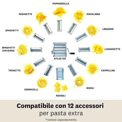 Image of MARCATO Made in Italy Atlas 150 Classic Manual Pasta Maker Machine, Chrome Steel with Black Hand Crank. Makes Lasagna, Fettuccine & Tagliolini. (Pack of 6)