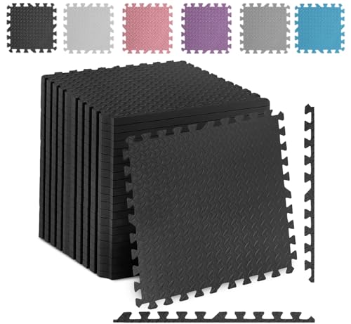 Fk Sports Thick Gym Flooring Mat Leaf 600x600x12mm (Black, 4pcs | 16 sq.ft) Soft Cushion Non-skid mats EVA Rubber foam, Interlocking Puzzle Floor Tiles kids toddlers for home Yoga Workout