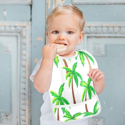 MCHIVER Green Palm Trees Baby Bibs for tag1 Waterproof Feeding Bib Apron with Food Cather Adjustable Cotton Food Eating Bib 2 Pack4