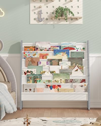 6-Tier Kids Bookshelf, Kids Sling Bookcase, Magazine and Book Storage Rack, Large Capacity Book Organizer, Book Shelf for Kids Room, Bedroom, Nursery, Playroom, White and Gray MCW07WG - Image 3