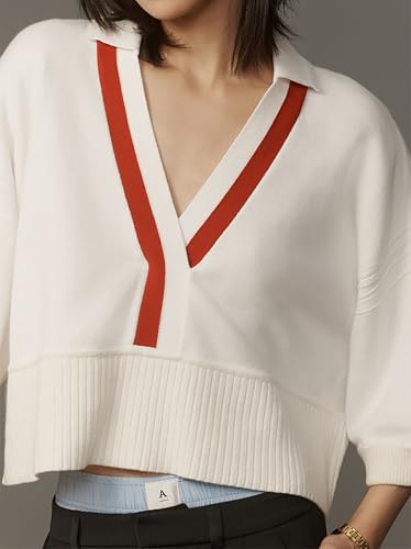 Women’s 3/4 Sleeve V Neck Cropped Sweater Oversized Color Block Lapel Collared Pullover Fall Knitted Causal Sweater4