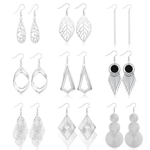 HIFOT 9 Pares Pendientes Mujer Plata, Set Pendientes Largos, Flecos Hoja Pendientes Vintage para Fiesta Regalos para Mujer Conjunto De Joyas Con para Mujeres Niñas