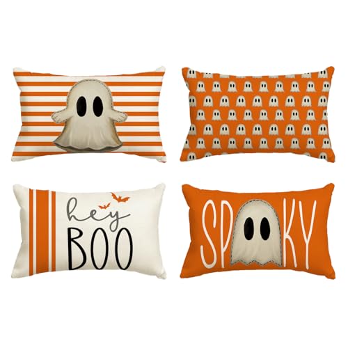 AVOIN colorlife Halloween Hey Boo Cute Ghost Spooky Throw Pillow Covers, 12 x 20 Inch Orange Horror Scary Cushion Case for Sofa Couch Set of 4