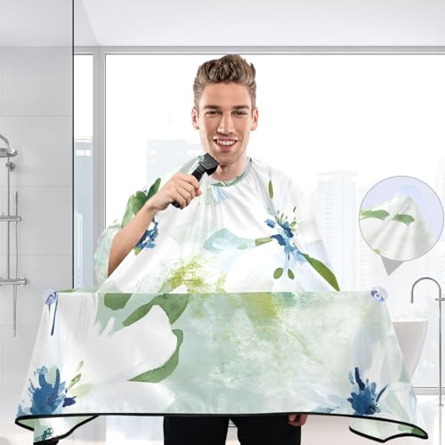 Capa impermeable profesional para corte de cabello con patrón floral blanco, cierre ajustable de broche para salón y barbería miniatura 6