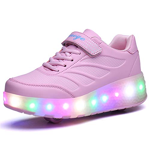 Wasnton Boys Girls Sneakers With Wheels Led Flashing Roller Skates Shoes Technical Retractable Wheels Skateboarding Shoes For Kids Gift Pink 39 #TOP1