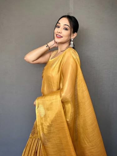 Image of SWORNOF Gold-Toned Woven Design Silk Zari Tissue Saree | Saree for Women | Soft and Skin Friendly