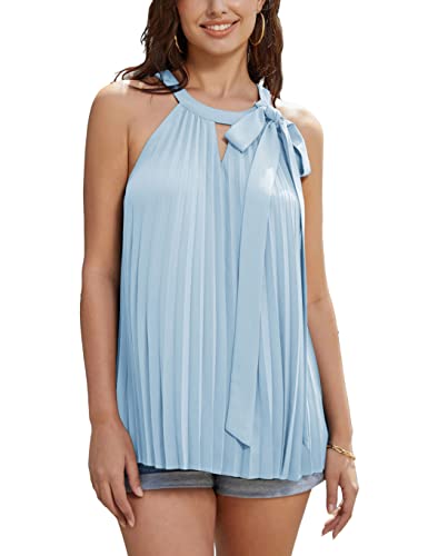 Grace Karin Women’s Cute Halter Tops Sleeveless Pleated Chiffon Vest Shirts Tie Waist Summer Tunics Light Blue #TOP11