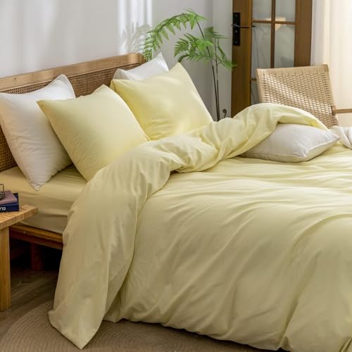Image of BESTOUCH Cotton Solid Duvet Cover Set Linen Feel Light Yellow Alaska King | Washed Cotton, Linen Feel, Soft Wrinkle Texture, Hidden Zipper, 8 Ties, Breathable Lightweight Durable Comfy, 3Pcs No Insert
