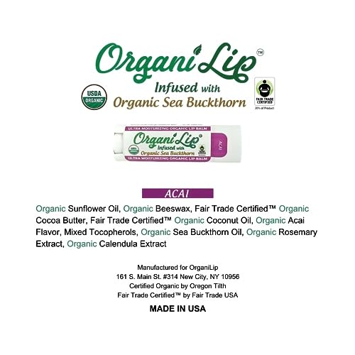 OrganiLip Organic Lip Balm, Acai Flavor, Ultra Hydrating Lip Moisturizer for Cracked or Dry Lips, Oval Shaped Tube, USDA Certified Organic, 3 Pack