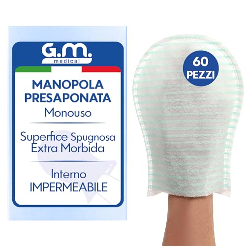 GM 60 Manopole Saponate Monouso di Alta Qualità, Impermeabili all'interno, con Soffice Spugna Esterna, Guanti Saponati Monouso Delicatamente Profumati, Senza Risciacquo, Spugne per Anziani Monouso