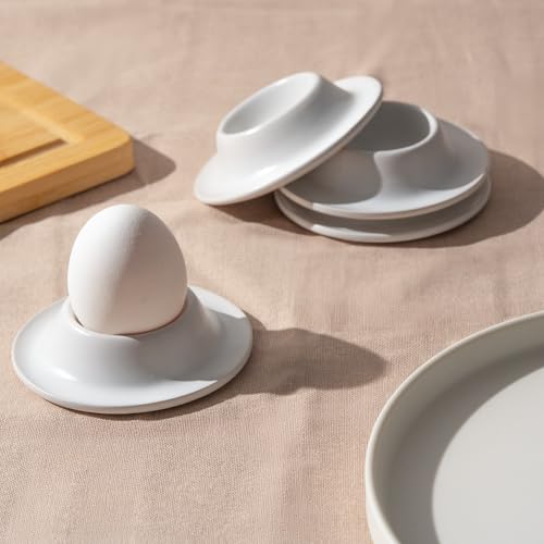 MIAMIO - Eierbecher 4er Set Keramik, Steingut Eierbecher mit Ablage, Restaurantqualität - Spülmaschinenfest (Weiß) – Bild 3