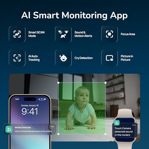 Babysense TOUCH 7" Touchscreen Smart WiFi Baby Monitor with App, Camera and Audio, 2 Cameras with Night Light, 4MP Dual-Lenses with 6X Zoom, AI Auto Tracking, Focus Area, Split-Screen, No Subscription by Babysense - Used condition - Image 3