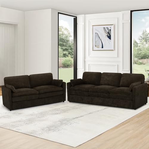 Lesofair Comfy Chenille Sofa Set with Well-Filled Pillows, Modern 3 Seater and Loveseat Sofa with Upholstered Cushions, 2 Pieces Sectional Couch with Soft and Thickened Seats for Living Room, Brown
