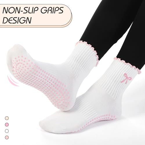 Jeyiour 4 Pairs Cute Pilates Grip Socks for Women, Ruffle Non Slip Crew Grippy Yoga Socks with Bow for Gym Ballet Barefoot4