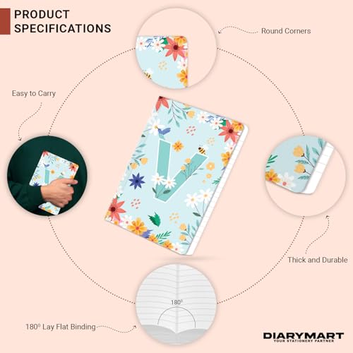 Image of Initial V Premium Soft Bound Notebook Diary for Girls and Women (B6, 90 GSM, 160 Ruled Pages) Floral Design Notebook Journal Diary