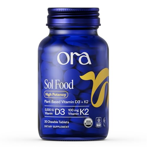 Ora Organic Vitamin D3 5000IU + K2 - Vegan Vitamin D from Lichen and K2 from Chickpeas for Bone Health, Immune Support, & Mood, Maximum Absorption - 1 Month Supply, 30 Chewable Tablets