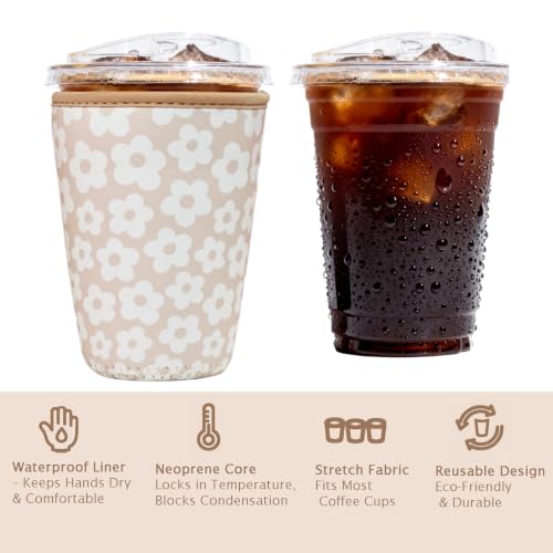 Image of Reusable Insulated Sleeve for Iced Coffee Cup, 3-Pack Coffee Neoprene Drink Sleeve for Cold & Hot Drinks, Beverage Holder for Iced Coffee (Daisy Trio)