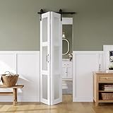SMARTSTANDARD 30in x 84in Bifold Barn Door, Frosted Glass Barn Door with Hardware Kit Included, Pre-Drilled Holes Easy Assembly -Solid Barn Doors Slab Covered with Water-Proof PVC Surface, White