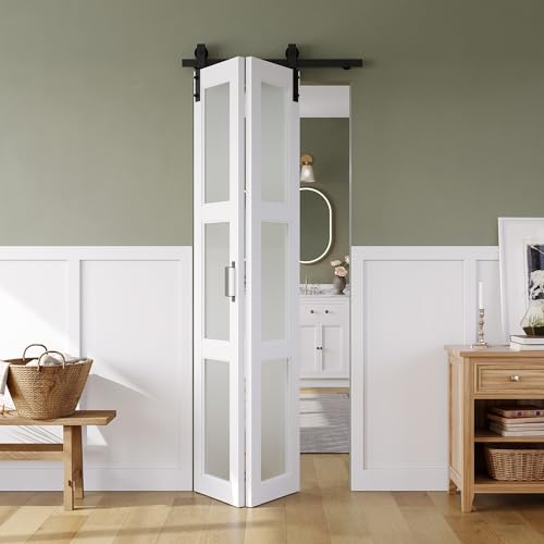 SMARTSTANDARD 30in x 84in Bifold Barn Door, Frosted Glass Barn Door with Hardware Kit Included, Pre-Drilled Holes Easy Assembly -Solid Barn Doors Slab Covered with Water-Proof PVC Surface, W