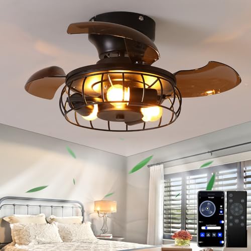 BEALWISE 21.6'' Retractable Ceiling Fans with Lights Caged Farmhouse Ceiling Fan Lights with Remote Control and APP, Rustic Industrial Ceiling lamp Black Fixture for Living Room Bedroom Kitchen, A by BEALWISE - Used condition - US$44.60