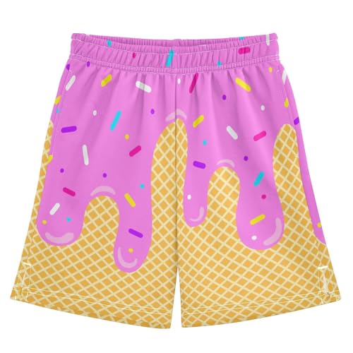 KOCOART Ice Cream Pink Boys Athletic Shorts Size 7-8 Waffle Or Cone Boys' Basketball Shorts with Pockets for Sports Outdoor Homewear 2025 New X-S