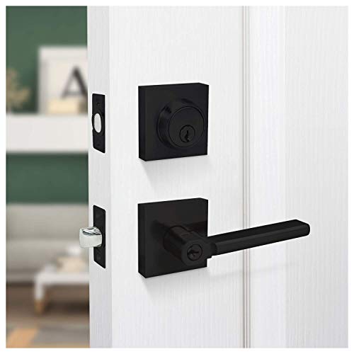 Image of Nuk3y Hulk Series Lever Door Handle Slim Square Modern Contemporary Lever Set (Entry & Deadbolt Combo [Keyed Alike], Matte Black)