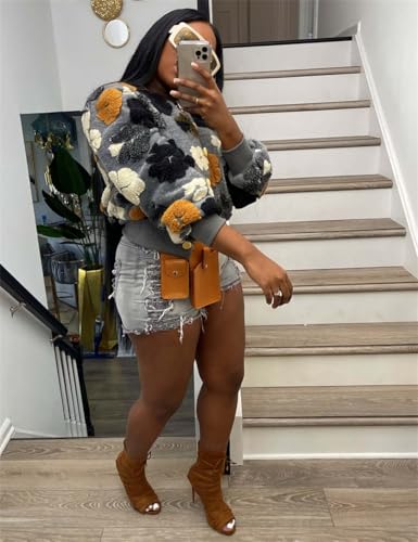 Women's 3D Flower Cropped Bomber Jacket Button Down Varsity Jackets3