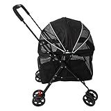 Huairdum Faltbarer Haustier-Kinderwagen, 360 Atmungsaktives Netz mit Ein-Faltung, Sonnenschutzdach, 70 Cm Kabinenraum für Mittelgroße und Große Hunde, Abnehmbarer Futtertablett-Getränkehalter (BLACK)