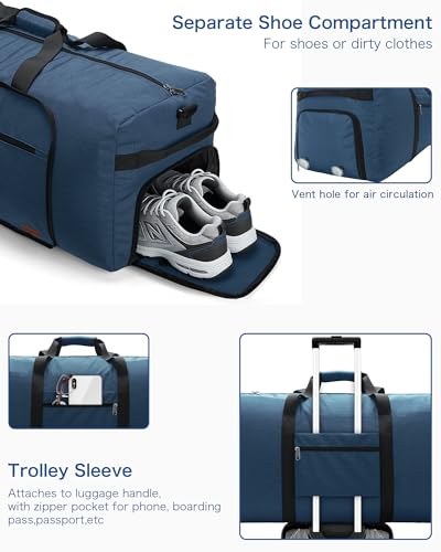 Image of Urtala Travel Duffel Bag for Women & Men, Large Foldable Overnight Weekender Bag with Shoes Compartment & Shoulder Strap, Lightweight Waterproof Luggage Bag, Dark Blue, 80L, Fashion