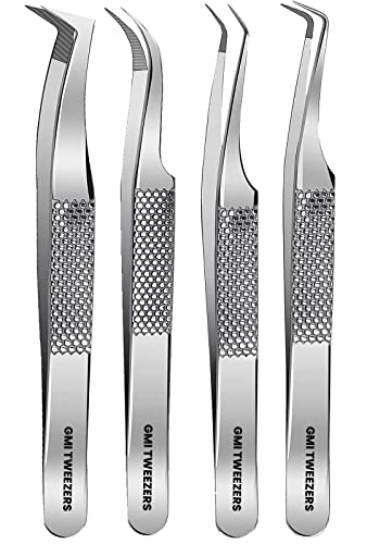 GMI Lash Tweezers - Pack of 4 Fiber Tip Eyelash Tweezers - Stainless Steel Eyelash Extension Tweezers