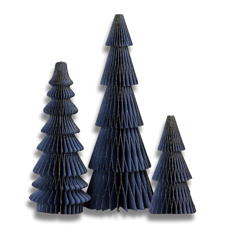 Your Heart's Content Set of 3 Blue Holiday Honeycomb Paper Trees, Winter Christmas, Tabletop Centerpiece, Fold-Flat Festive Trees, Table Accents, Glitter Edging (Medium Set 3 Blue)