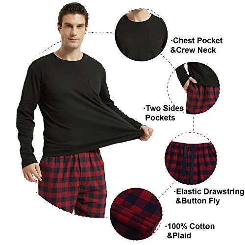 amaxer Men's Pajama Set 100% Cotton Flannel Plaid Pants Crew Neck Top Long Sleeves Pjs Elastic High Waist Sleepwear2
