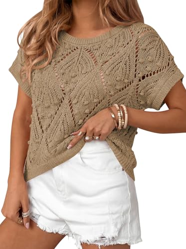 Image of Cakulo Womens Crochet Crop Tops 2026 Summer Short Sleeve Hollow Out Boho Sweater Beach Vacation Cruise Resort Wear