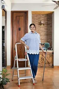 3 Step Foldable Aluminium Ladder for Home | 5 Year Warranty and Slip Prevention Steps (Advance Carbon - Orange)