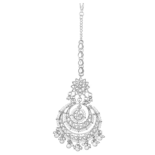 Image of Peora Traditional Jewellery Rhodium Kundan & Pearl Maang Tikka Earring Set for Women Girls