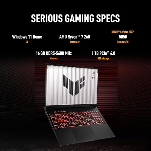 Image of ASUS TUF A16 (2026), AMD Ryzen 7 260, RTX 5050-8GB, 16GB RAM, 1TB SSD, FHD+, 16 inch, (40 cm), Windows 11 Home, M365 Basic(1 Year)* Office 2024, Jaeger Gray, 2.2 Kg, FA608UH-RV112WS, Gaming Laptop
