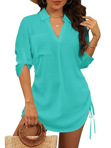 StylSense Damen Strandkleid Sommer Bikini Cover Up Badeanzug Sommerkleider Damen Leicht Strandponcho bluse mit Tunnelzug (Grün, L)