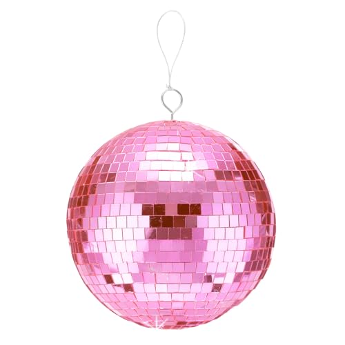 sourcing map Bola de espejo de discoteca de 8 pulgadas con anillo colgante y cuerda para fiesta, baile, boda, escenario, festival, Navidad, club, decoración del hogar, color rosa