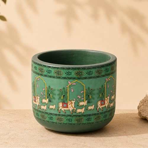 Image of Habere India-All the Cultures Fabricating India Pichwai Art Hand Painted Green Terracotta Planter | Cow Motif Indian Art Indoor Plant Pot | Clay Pot with Drainage Hole (Green: L12 x W12 x H10 cm)