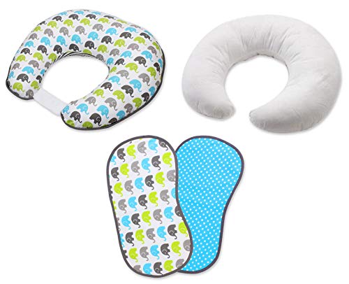 Bacati - Elephants 4 pc Nursing/Feeding Set Pillow Cover, Polyfilled Insert Pillow and 2 Burp Made with Ultra-Soft 100% Cotton Fabric in a Fashionable Two-Sided Design (Aqua/Lime/Grey)