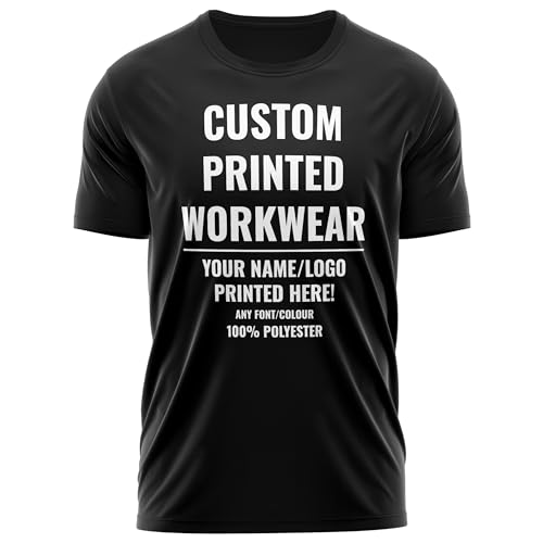 Custom Work T Shirt Mens Polyester Printed Summer Cool Outdoor Company Business Your Logo Text Breathable Quick Drying Uniform Tee for Business Trades Teams, L, Black
