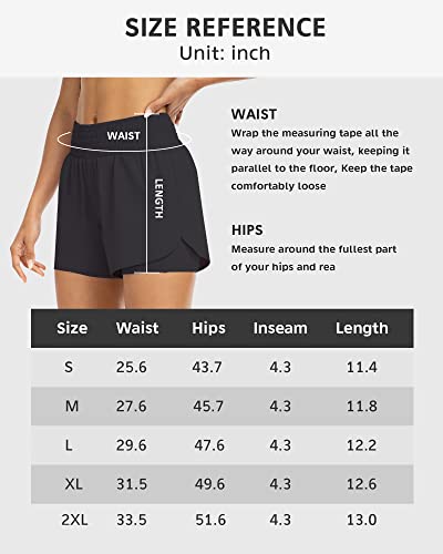 YEZII Womens High Waist Running Shorts Athletic Workout Quick Dry Shorts for Women with Pockets Gym Yoga White Summer Shorts Black-L