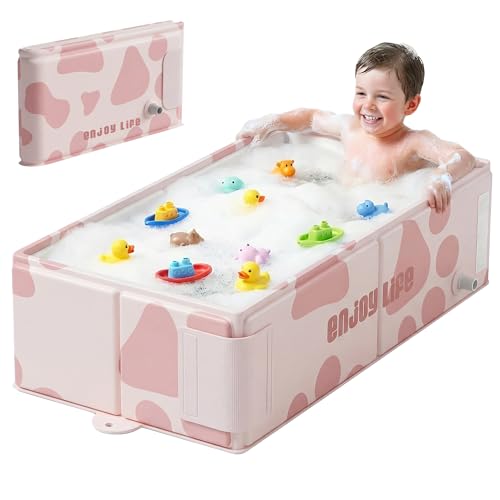 Wanchouse Collapsible Baby Bathtub for Newborn to Toddler Foldable Toddler Bathtub with Drain Plug Non-Slip Portable Infant Bath Tub for Travel Storage Outdoor Use Milky Pink