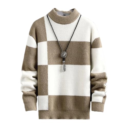 Men Clothing Warm Sweaters Patchwork Knitted Pullovers Male Plaid Round Neck Sweater