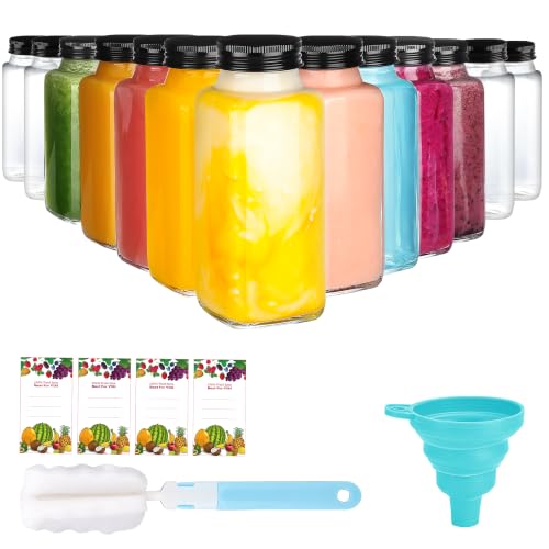 12 Pack 8 oz Glass Juice Bottles with Black Lids & Labels, Reusable Travel Juice Storage Containers, Clear Glass Drink Jars for Juicing, Water, Ginger, Wellness Shots - Leakproof, Dishwasher Safe